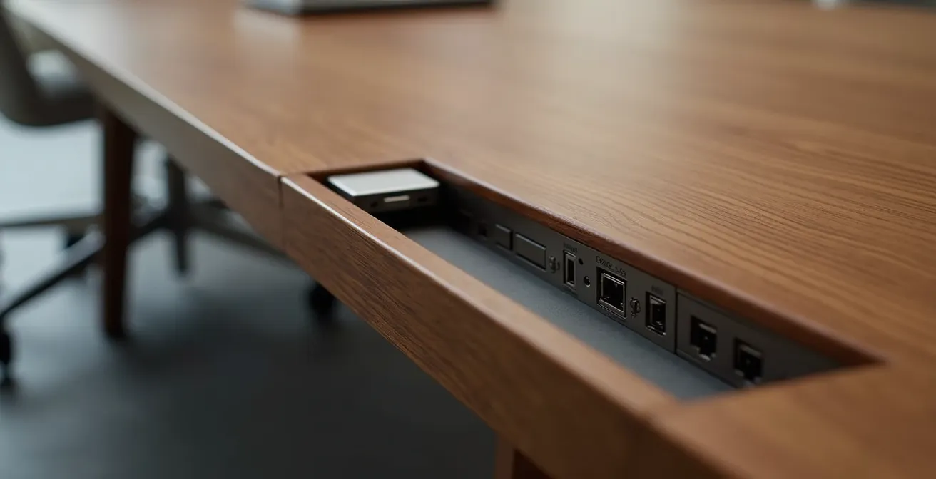 Gros plan sur un système élégant de gestion de câbles intégré dans une table de réunion en bois avec passages discrets