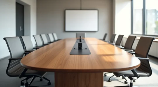Salle de réunion moderne avec une grande table ovale entourée de chaises ergonomiques dans un espace professionnel lumineux