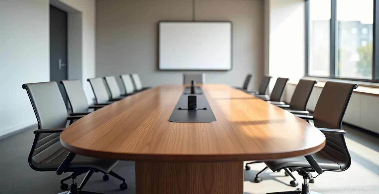 Salle de réunion moderne avec une grande table ovale entourée de chaises ergonomiques dans un espace professionnel lumineux