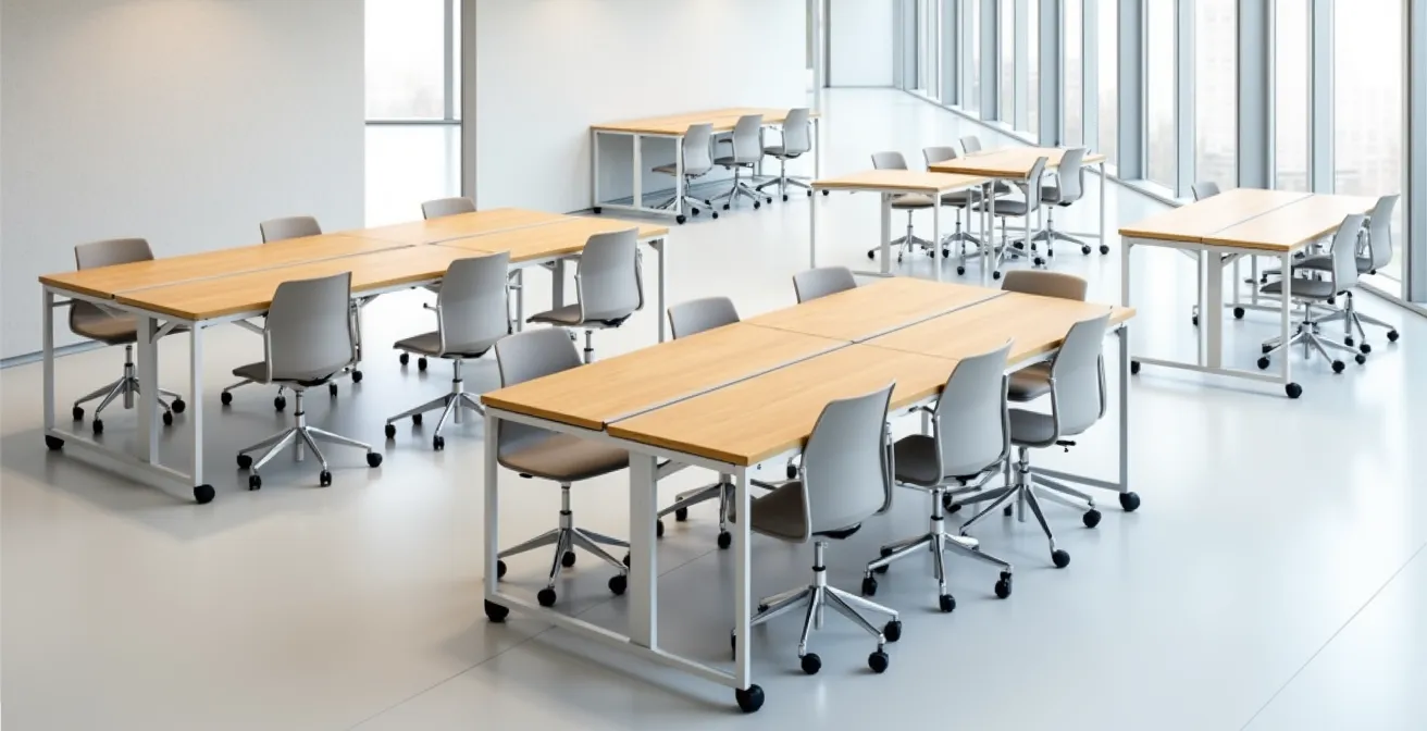 Tables modulaires professionnelles en configuration flexible dans un espace de travail moderne montrant leur adaptabilité