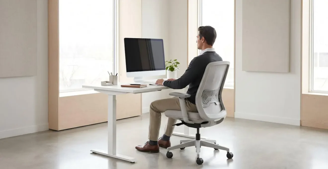 Bureau moderne avec siège ergonomique professionnel, écran positionné à hauteur des yeux et éclairage naturel optimal