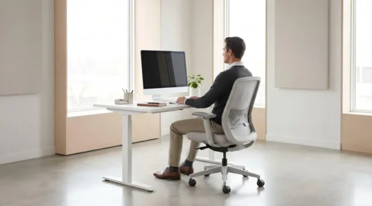 Bureau moderne avec siège ergonomique professionnel, écran positionné à hauteur des yeux et éclairage naturel optimal