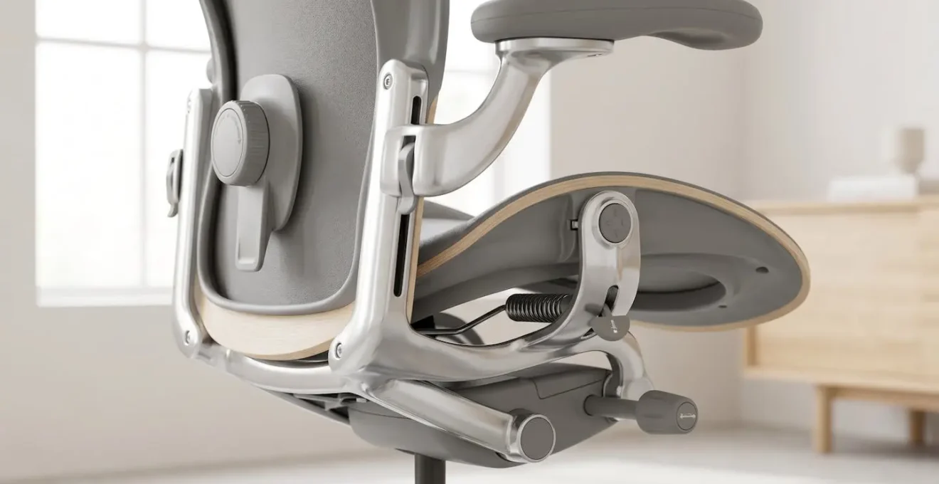 Détail des mécanismes de réglage d'un siège ergonomique professionnel montrant le soutien lombaire et les accoudoirs ajustables