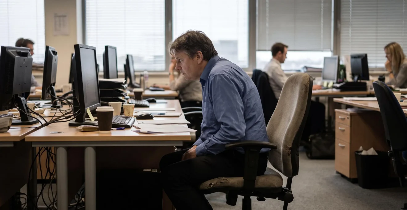 Travailleur de bureau montrant des signes de fatigue dus à un poste de travail mal adapté ergonomiquement